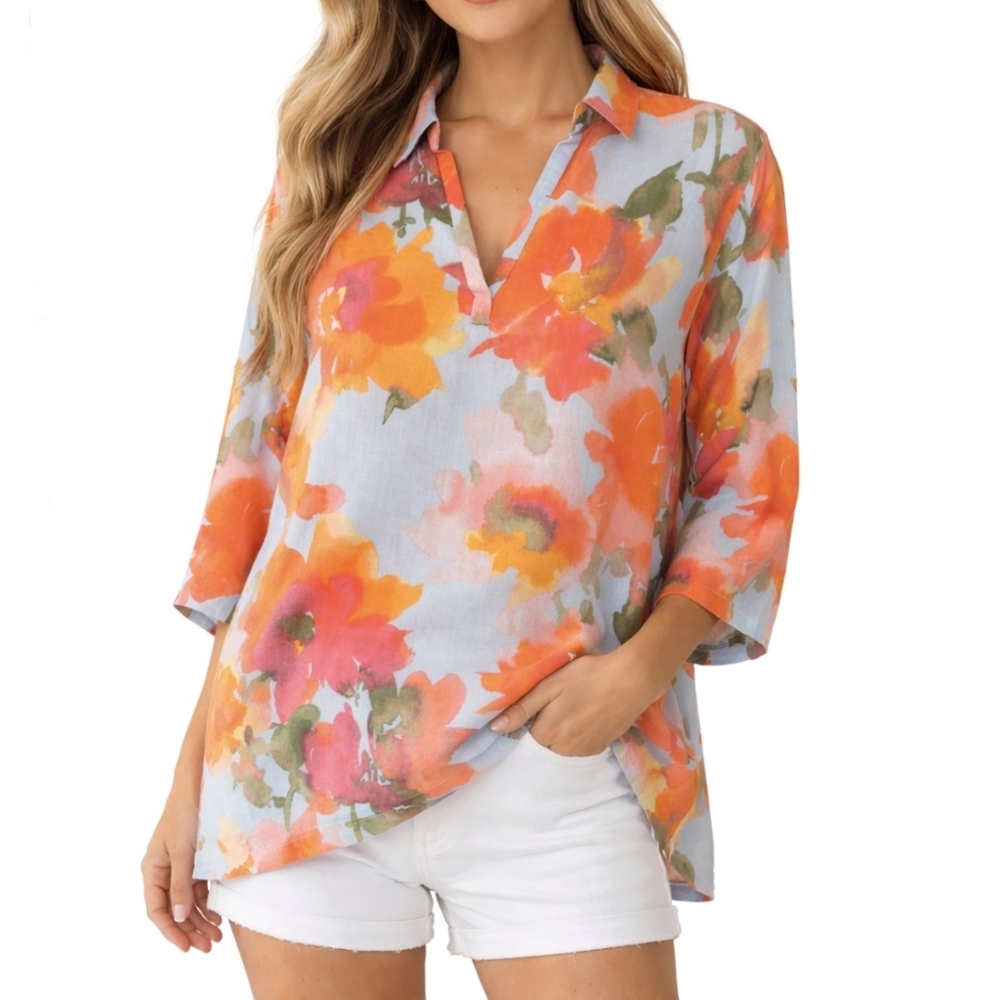 Jolie Linen Floral Tunic Top Blue Orange Lightweight Collared Blouse 2X